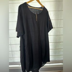 Oversize XL black cotton linen midi dress with pockets